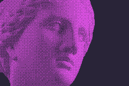 Modern creative colored graphic sculpture with dark background . Digital texture with antique statue head in bitmap style. Contemporary art poster. Funky unusual design. Fashion aesthetic culture.の写真素材