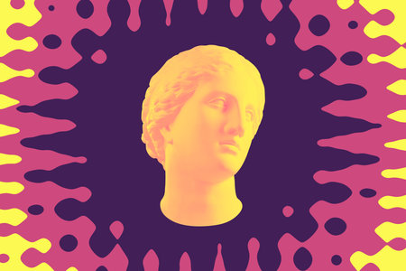 Antique sculpture of human face in artificial intelligence pop art style. Modern creative concept...