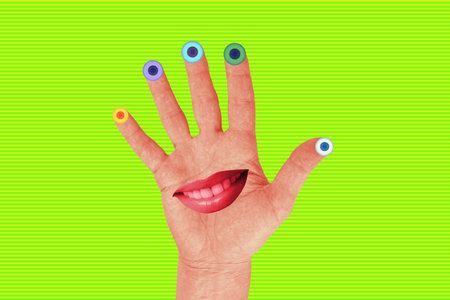 Contemporary art background with colored abstract face. Digital texture backdrop.Trendy art, creative fun culture. Contemporary neural network art poster.Funky punk collage. Creative concept pop art.の写真素材