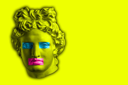 Antique sculpture of human face in artificial intelligence pop art style. Modern creative concept image with ancient statue head. Contemporary neural network art poster. Funky punk collage design.の写真素材