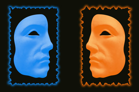 Antique sculpture of human face in artificial intelligence glow neon art style. Modern creative concept image with ancient statue head.Contemporary neural network art poster.Funky punk collage design.の写真素材