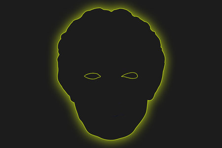 Antique sculpture of human face in artificial intelligence glow neon art style. Modern creative concept image with ancient statue head.Contemporary neural network art poster.Funky punk collage design.の写真素材