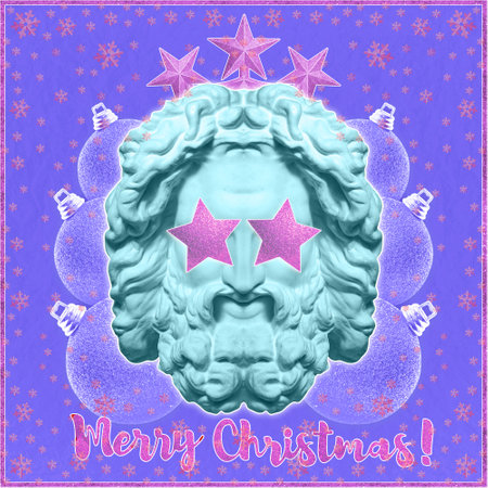 Contemporary art collage with head of ancient statue in funky xmas decor. Crazy concept of holidays, party, 2023 New Year and Merry Christmas in surrealism style. New Years Santa Claus funny moods.の写真素材