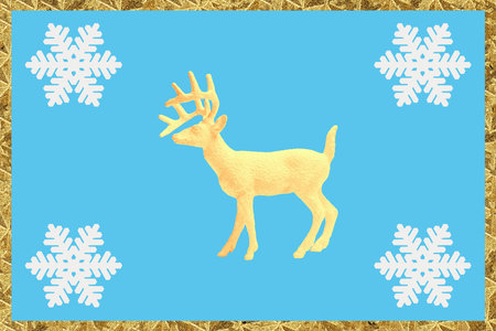 Contemporary art background with colored christmas snowflake and deer. Concept of holidays, party, 2023 New Year and Merry Christmas. New Years, winter moods. Greeting card in surrealism style.の写真素材