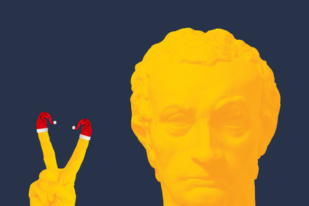 Contemporary art collage with head of ancient statue in pop art style. Concept of holidays, party, 2023 New Year and Merry Christmas. New Years, winter moods. Greeting card in surrealism style.の写真素材