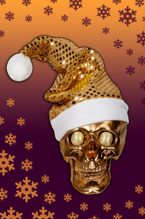Gold spooky skull in golden Santa Claus hat on purple orange background with snowflakes. Funky xmas decor. Crazy concept of holidays, cool party, 2023 New Year and Merry Christmas. Winter holiday moodの写真素材