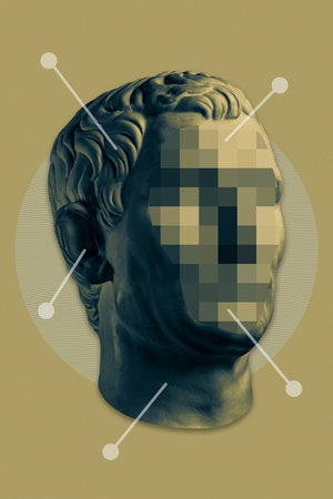Collage with human face of antique sculpture in dadaism style. Contemporary art poster with ancient statue head. Funky design. Item for ad, flyer, sale, magazine, leaflet, billboard, music album.の写真素材