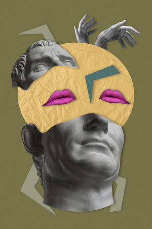 Collage with human face of antique sculpture in dadaism style. Contemporary art poster with ancient statue head. Funky design. Item for ad, flyer, sale, magazine, leaflet, billboard, music album.の写真素材
