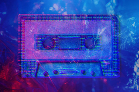 Retro audio compact cassette tape for recorder or player in bright acid neon colors. Vintage Style 80-90s. Template for music album cover, flyer, magazine, leaflet. Nostalgic memories of old school.の写真素材