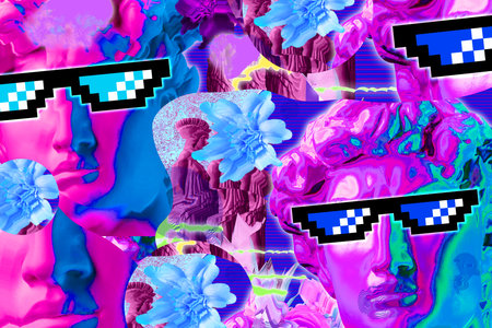 Collage with man face of antique sculpture in pixel glasses. Vaporwave style. Modern creative image with head ancient statue. Funky punk template for art, dj, fashion, zine. Contemporary art poster.の写真素材