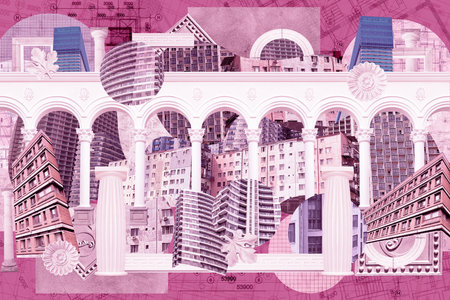Concept of urban environment and city life. Surreal art collage with elements of architectural details, building facades, construction sites. Mix of modern and historical architecture.の写真素材