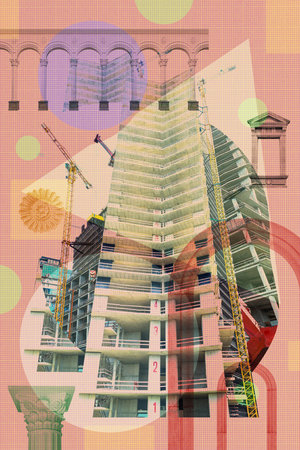 Urban environment and city life. Surreal art collage with elements of architectural details, building facades, construction sites. Mixed industrial background of modern and historical architecture.の写真素材