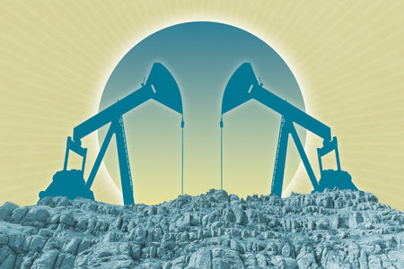 Funky collage with industrial oil rig. Art poster, template concept design or zine cover. Pump Jack.の写真素材