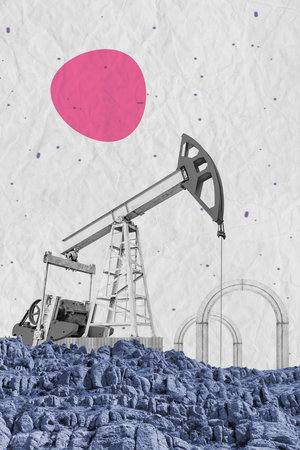 Surreal collage with industrial oil rig and classic architecture. Art poster, concept, zine cover.の写真素材
