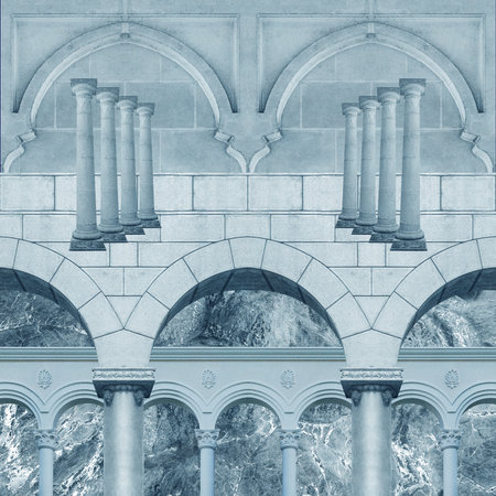 Surreal collage with elements classic architecture. Art poster, concept, zine cover. Antique cityscapeの写真素材