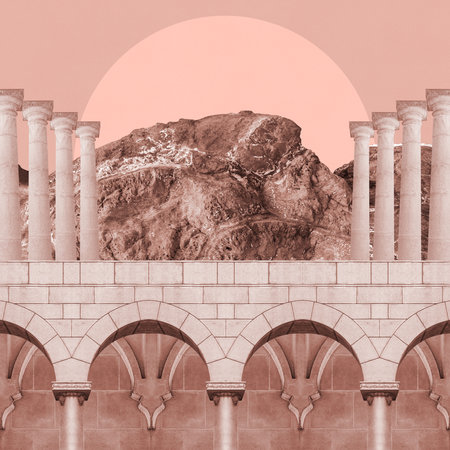 Surreal collage with elements classic architecture. Art poster, concept, zine cover. Antique cityscapeの写真素材