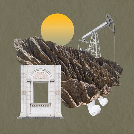 Surreal collage. Classic architecture and industrial oil pump. Art concept poster, print, zine cover.の写真素材