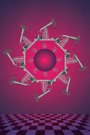 Funky collage with industrial oil rig. Art poster, template concept design or zine cover. Pump Jack.の写真素材