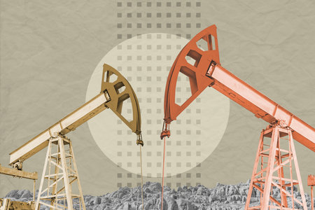 Funky collage with industrial oil rig. Art poster, template concept design or zine cover. Pump Jack.の写真素材