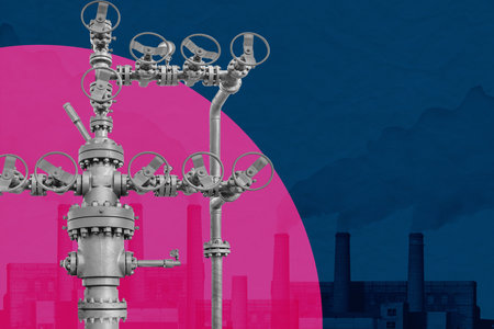 Surreal collage with industrial oil rig. Art poster, template concept design or zine cover. Wellheadの写真素材