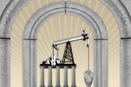 Art concept. Oil pump stands on stone columns and pumps oil from a amphora on a background of architectural arches. Pump Jack and classical architecture objects. Template for poster, art, zine, dj.の写真素材