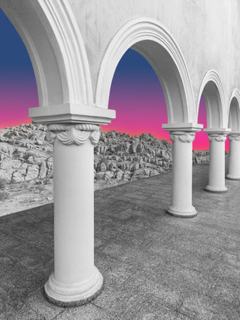 Surreal collage with elements classic architecture. Art poster, concept, zine cover. Antique cityscapeの写真素材