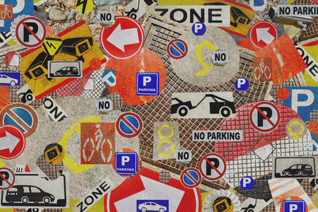 Abstract art collage with textures of road elements, signs, details urban objects. Grunge background.の写真素材