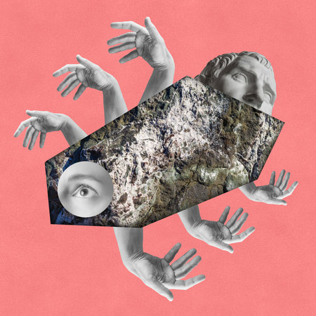 Surreal crazy collage. Art poster, concept, zine cover, funky print. Artwork unusual abstract style.の写真素材