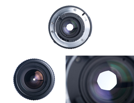 Front view of photo lens isolated on white backgroundの写真素材