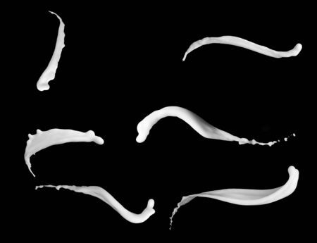 milk splash collection, isolated on black backgroundの写真素材