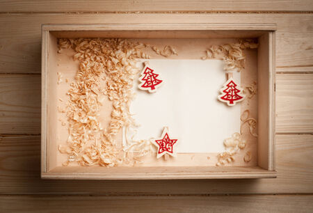wooden box with Christmas decorations close upの写真素材