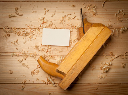 Empty wooden box with blank paper business cardの写真素材