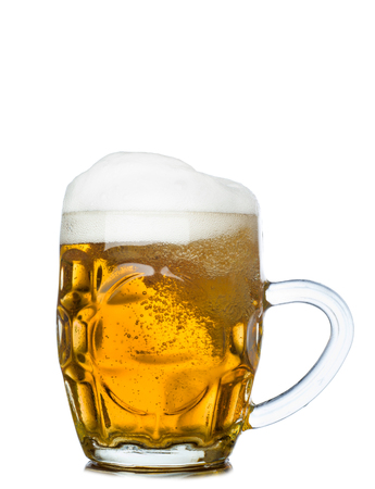 Mug full of fresh beer isolated on white backgroundの写真素材