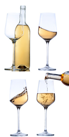 Set of glass with white  wine on white background. Empty or splashing.の写真素材