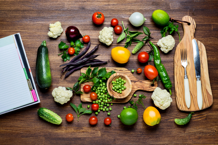 Vegetables on wood. Bio Healthy food, herbs and spices. Organic vegetables on woodの写真素材