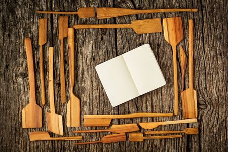 Old recipe note background concept. Flat lay background with copy space for text. Cooking concept.の写真素材