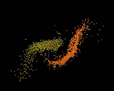 Zero gravity food concept. Mung beans and red lentils splashing isolated on black background....
