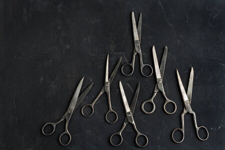 Old scissors on dark background . Minimal black. Flat layの写真素材