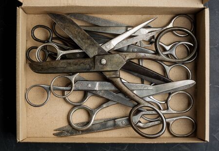 Many different type of old vintage scissors in box.の写真素材