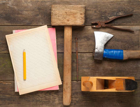 carpenter tools in pine wood tableの写真素材