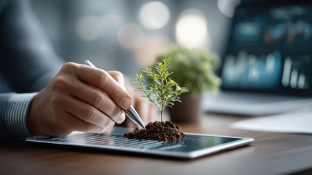 Inspirational shot of professional hands using technology to monitor the future of sustainable agriculture.の素材