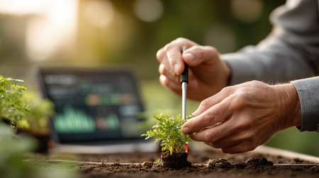 Close-up of professional hands using technology to monitor soil against a background of digital tablet dashboards.の素材