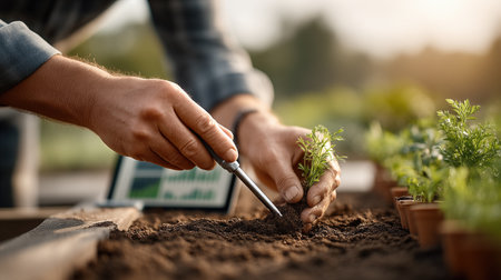 Close-up of professional hands using a digital probe for precision agriculture data collection in field.の素材