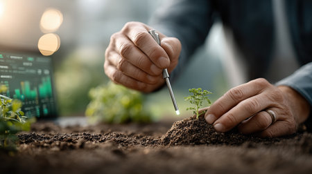 Macro photography of hands using technology to monitor soil moisture and nutrients in a modern farm.の素材