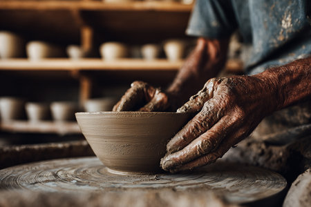 Detailed view of muddy hands forming perfect clay shape on wheel. Image created using generative AI.の素材