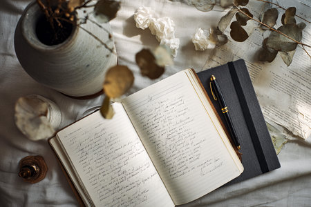 Flat lay photography of a busy desk showing the interaction between stationery supplies and home decor objects. Image created using generative AI.の素材