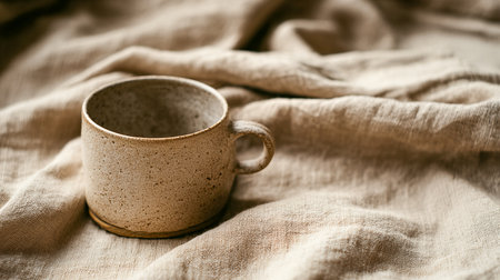 Image evoking tactile sensory experiences through the contrast of rough linen fabric and smooth pottery. Image created using generative AI.の素材