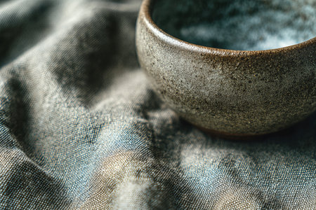 Direct overhead view of a ceramic cup sitting on naturally wrinkled linen fabric. Image created using generative AI.の素材