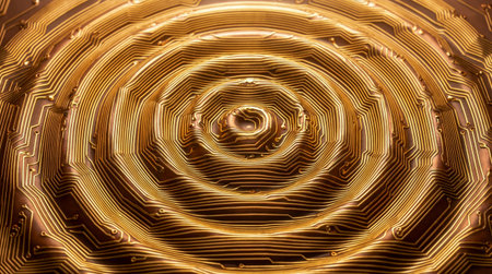 Golden circuit board lines forming abstract undulating wave pattern, wave-particle duality concept. Focus on circuit. Image created using generative AI.の素材