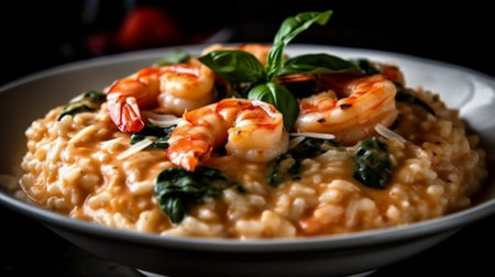 A creamy tomato and basil risotto with grilled shrimp - generative AIの素材